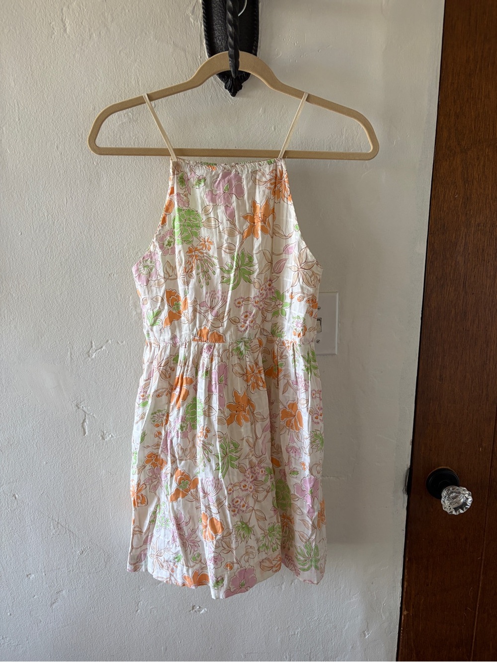 White Floral Sundress with Orange, Green & Pink Print